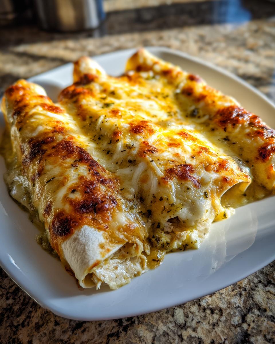 Close-up of three baked green chile chicken enchiladas covered in melted, bubbly, and slightly browned cheese.