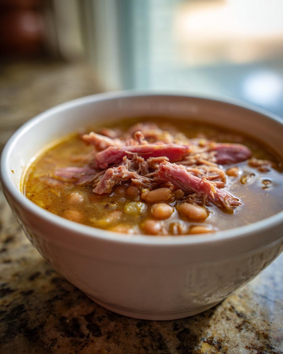 Close-up of a white bowl filled with rich Ham and bean soup topped with shredded ham.