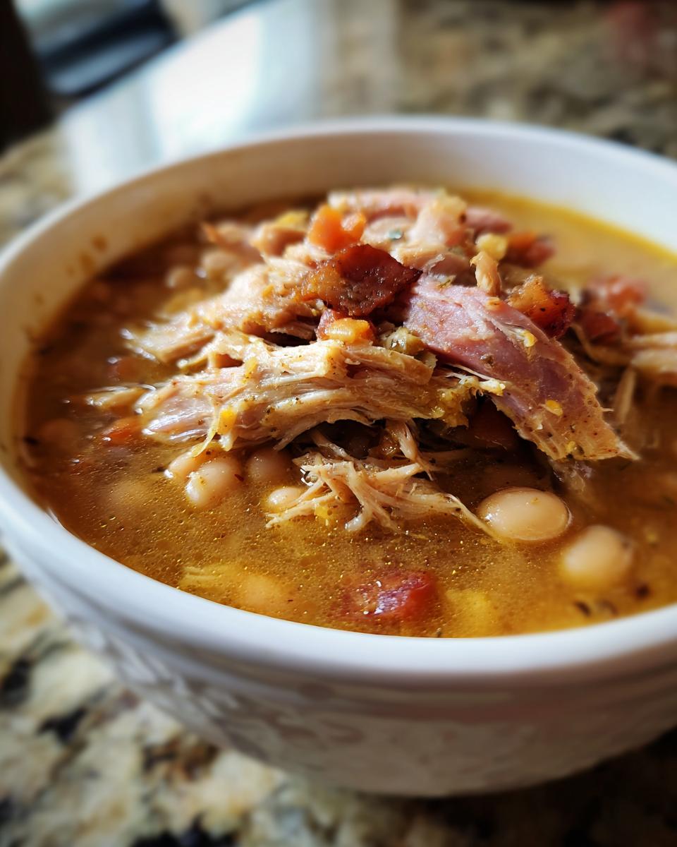 Close-up of a white bowl filled with rich Ham and bean soup, topped with shredded ham and bacon pieces.