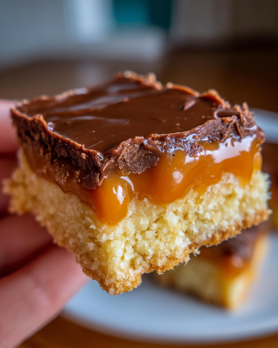 A hand holding a thick, layered twix cookies bar showing the shortbread base, gooey caramel, and chocolate topping.