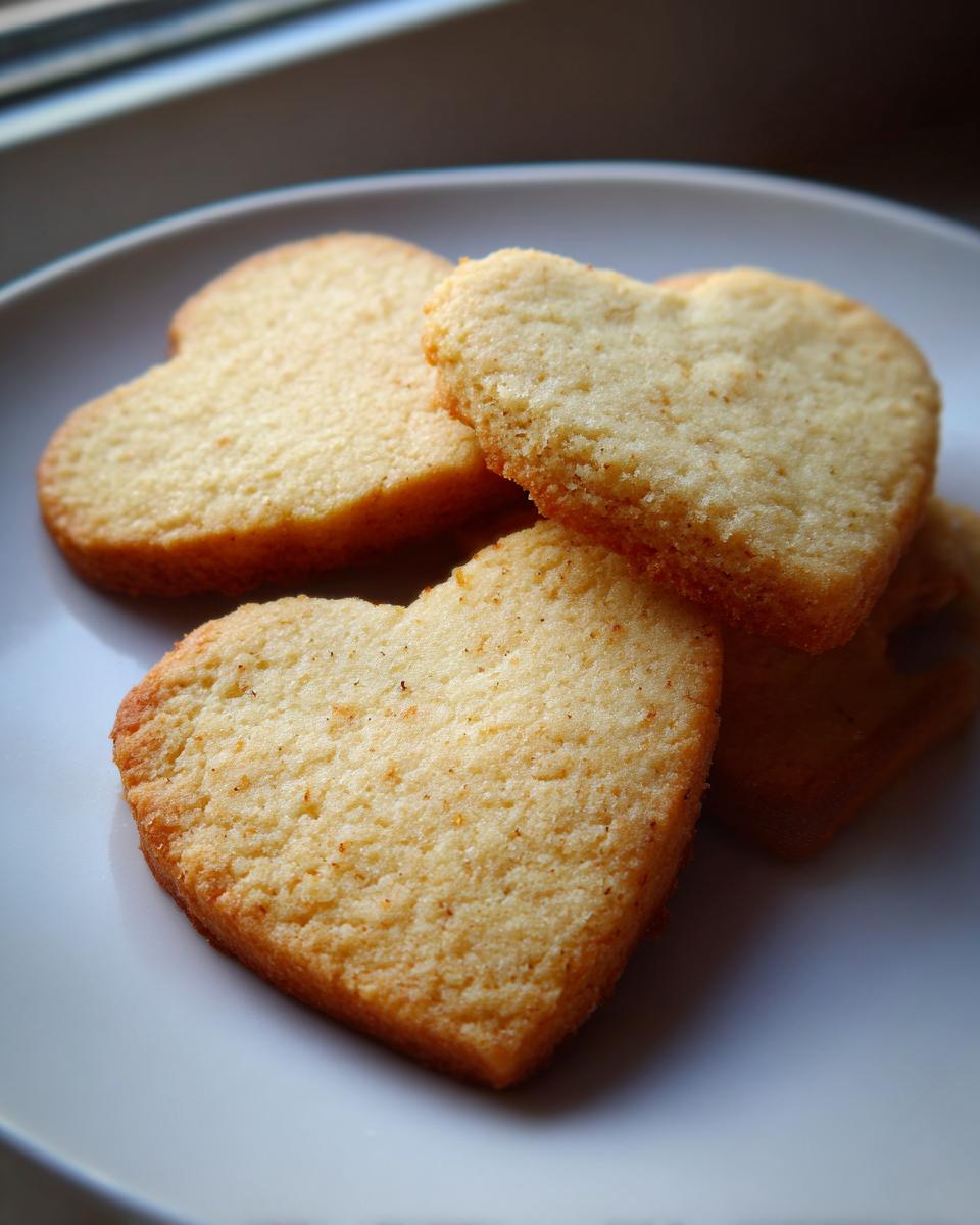 Close-up of several golden-brown, heart-shaped sugar cookie treats stacked on a white plate.