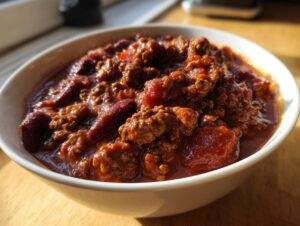 Close-up of a rich, thick bowl of crockpot chili featuring ground beef and kidney beans in a deep red sauce.