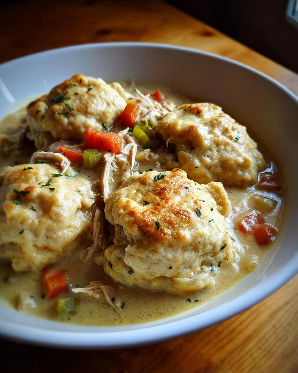 A close-up of a white bowl filled with creamy chicken and dumpling, featuring fluffy dumplings and shredded chicken.