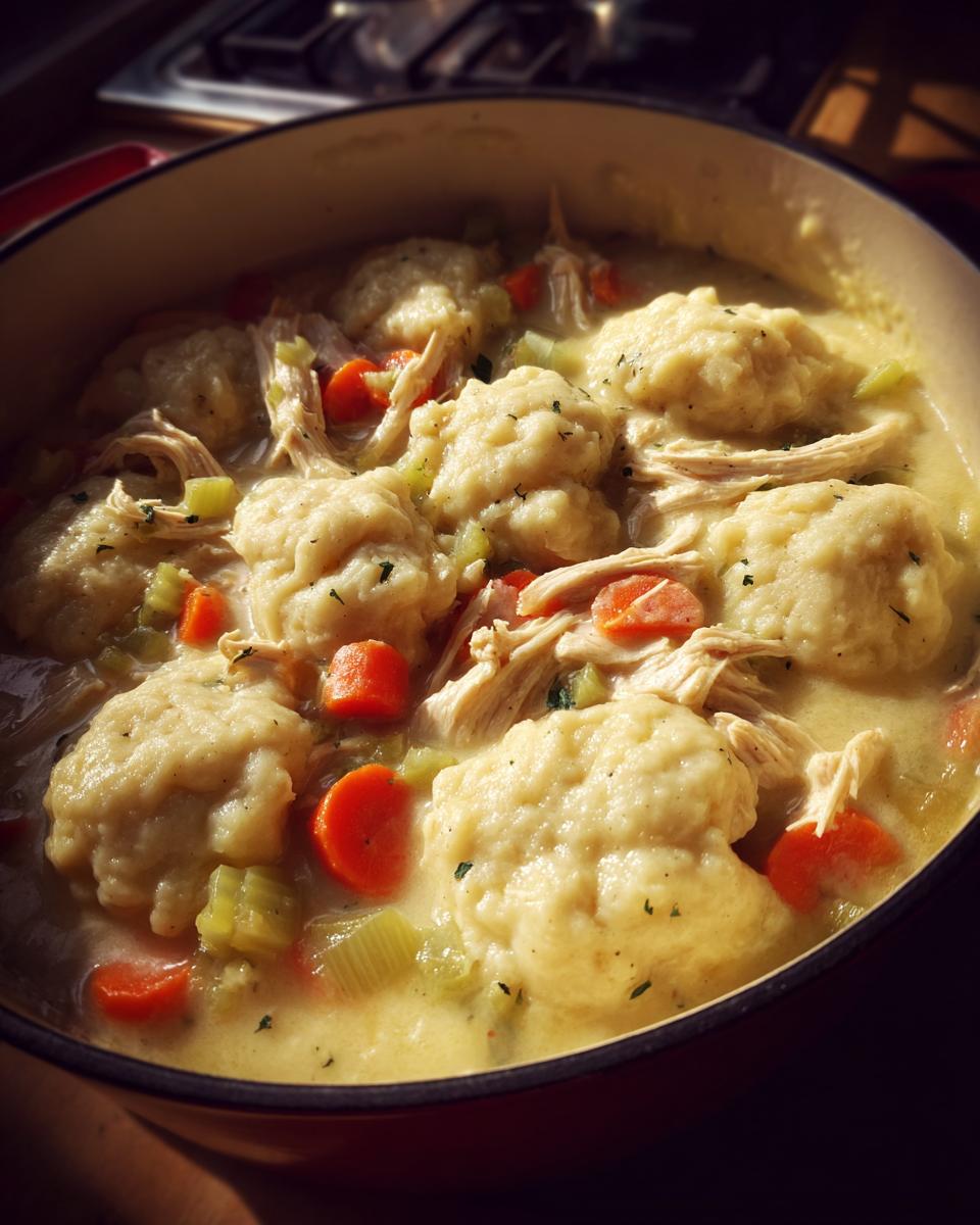 Close-up of homemade chicken and dumplings simmering in a creamy broth with carrots and celery.