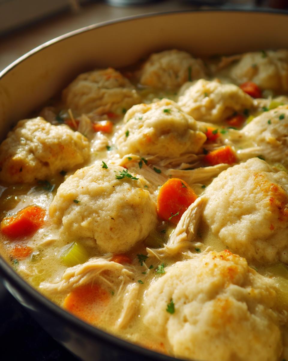 Close-up of fluffy dumplings simmering in creamy broth with shredded chicken and carrots for amazing chicken and dumplings.