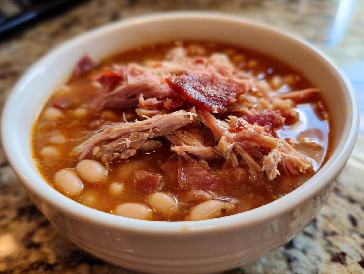 Close-up of a white bowl filled with rich Ham and bean soup, topped with generous shreds of pulled ham.