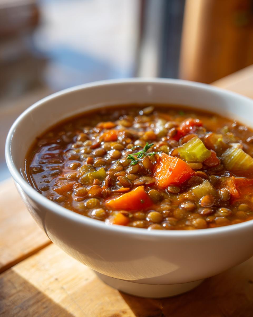 Close-up of a white bowl filled with hearty lentil soup, featuring visible lentils, carrots, and celery.