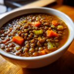 Close-up of a white bowl filled with rich, hearty lentil soup featuring visible lentils, carrots, and celery.