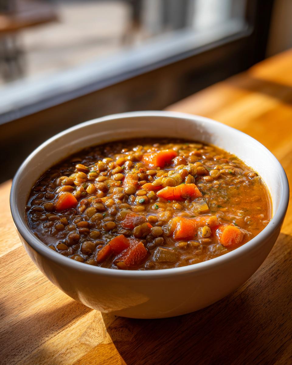 Close-up of a white bowl filled with hearty lentil soup featuring visible lentils and chunks of carrot, set on a wooden surface.