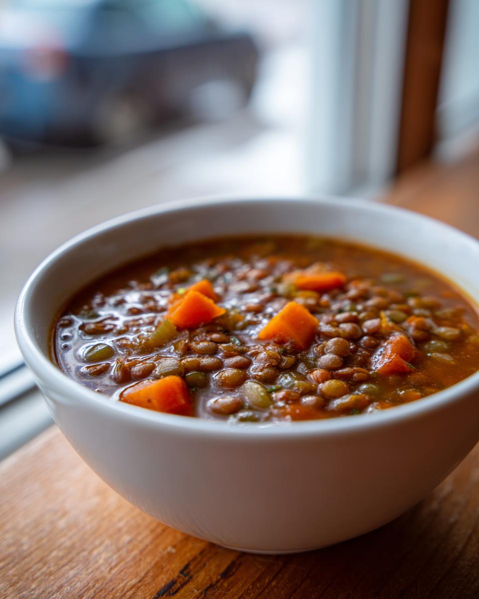 Close-up of a white bowl filled with hearty lentil soup, featuring brown lentils and chunks of bright orange carrots.