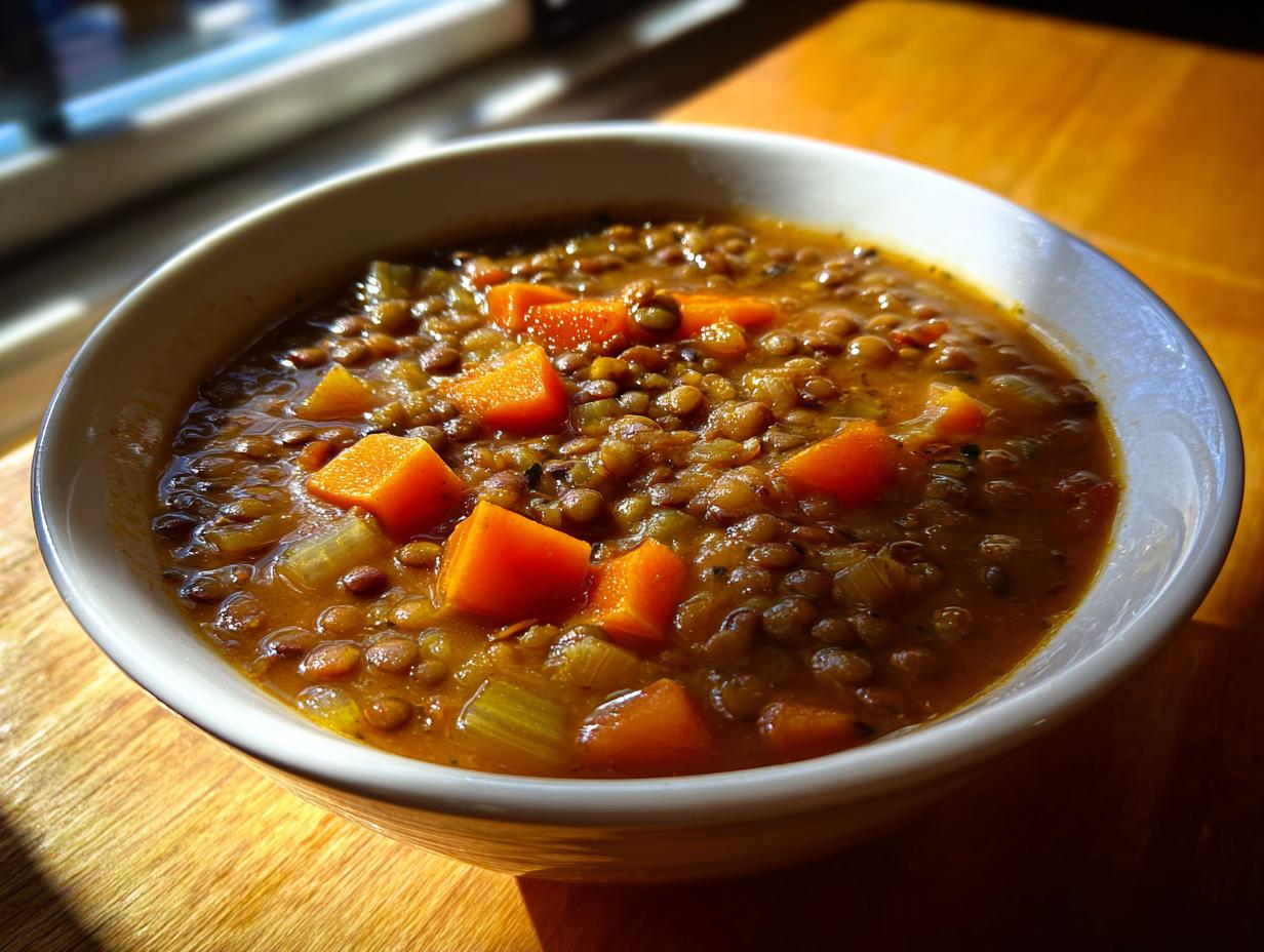 A close-up of a white bowl filled with hearty lentil soup, featuring visible lentils, diced carrots, and celery.