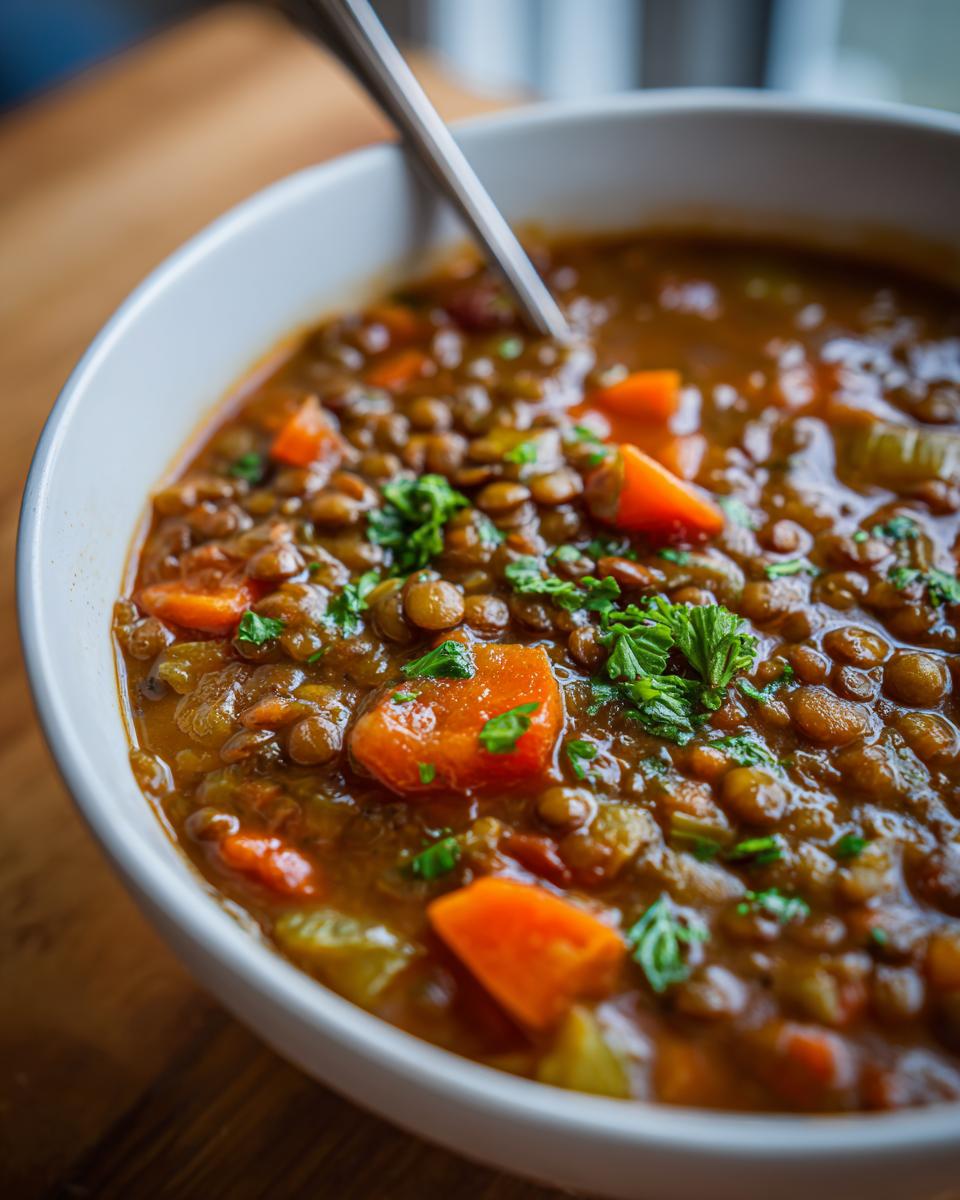 Close-up of a hearty bowl of lentil soup, rich brown in color, featuring visible lentils, chunks of carrot, and fresh parsley garnish.
