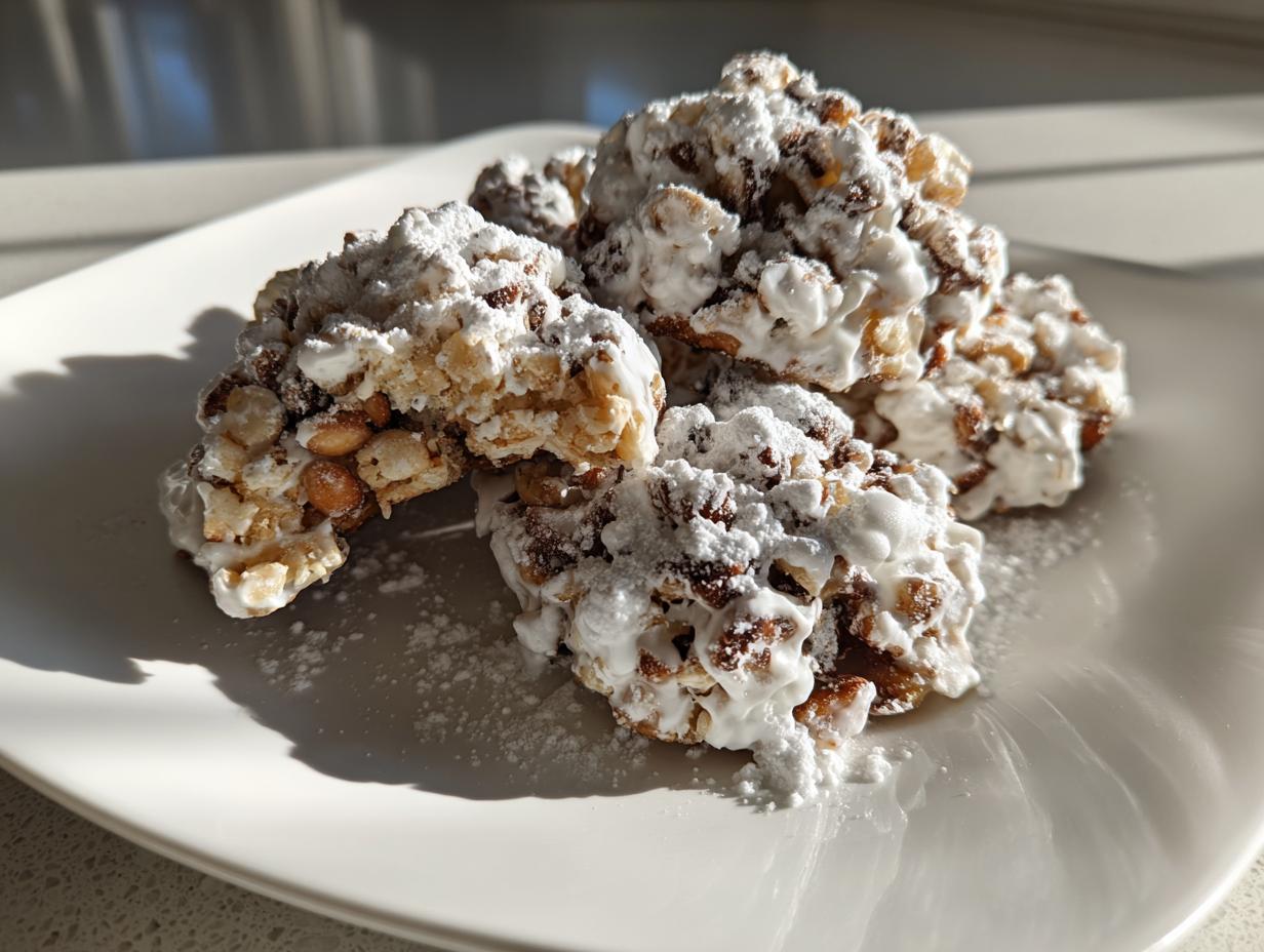 A pile of homemade avalanche cookies covered in powdered sugar resting on a white plate.