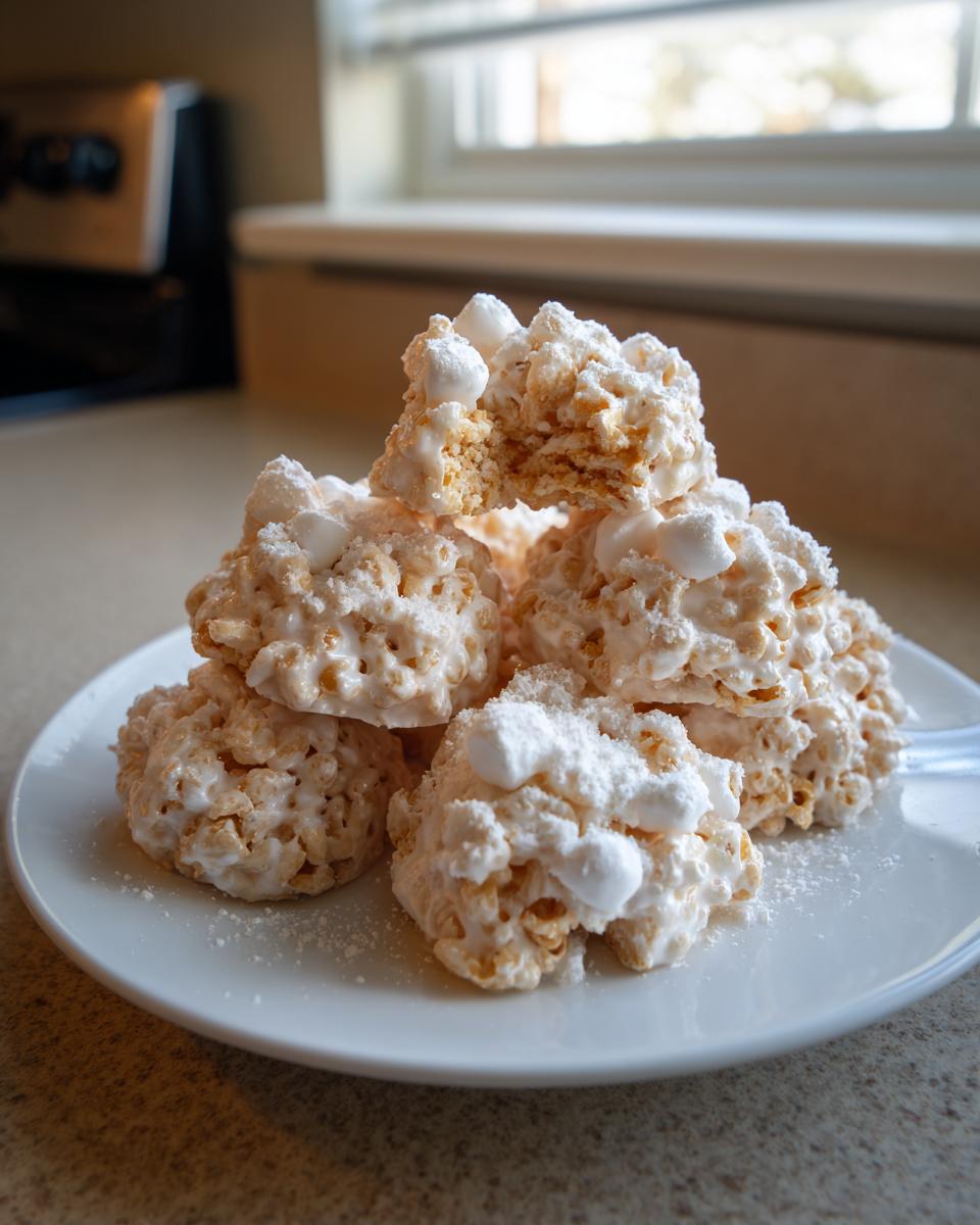 A stack of fluffy, white avalanche cookies made with cereal and marshmallows, dusted with powdered sugar.