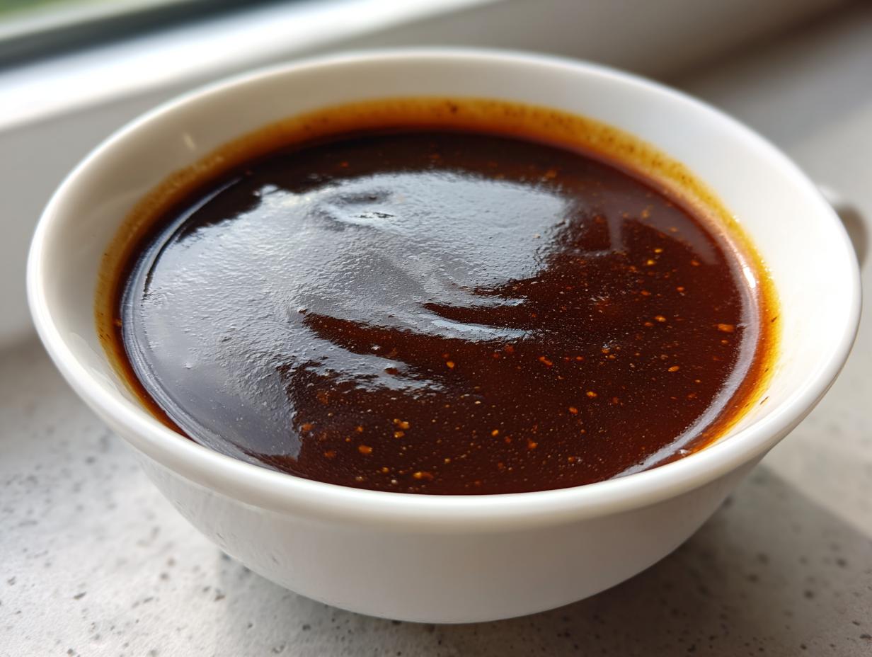 Close-up of rich, dark homemade brown gravy served in a small white bowl, showing a glossy texture.