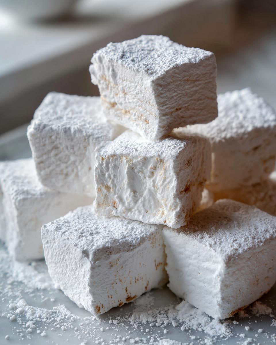 A close-up stack of fluffy, white homemade marshmallows generously dusted with powdered sugar.