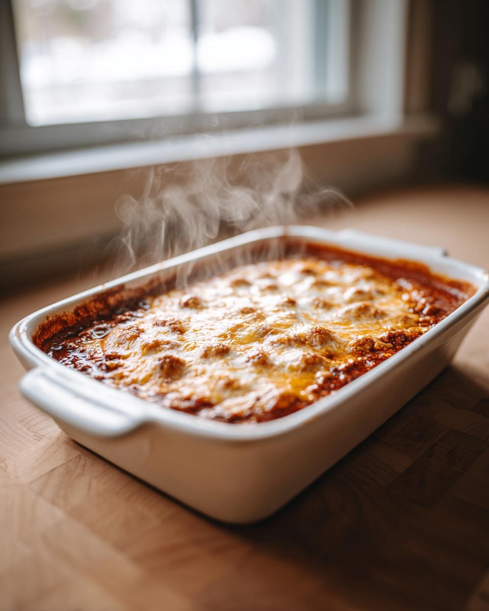 Hot, freshly baked chili cheese dip with melted, bubbly cheese topping in a white casserole dish.
