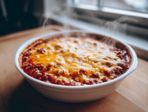 A close-up of a white baking dish filled with hot, steaming chili cheese dip topped with melted cheddar cheese.