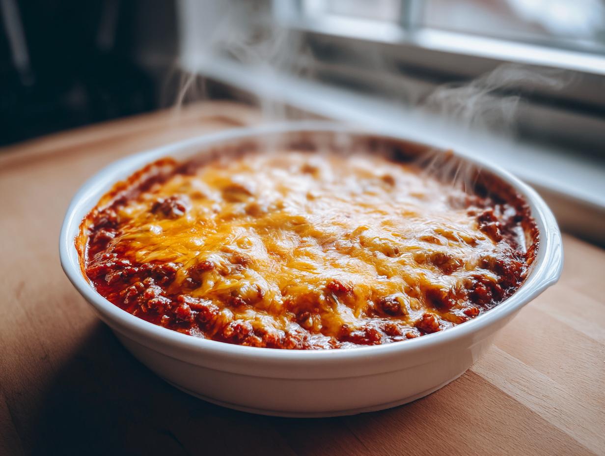 A close-up of a white baking dish filled with hot, steaming chili cheese dip topped with melted cheddar cheese.