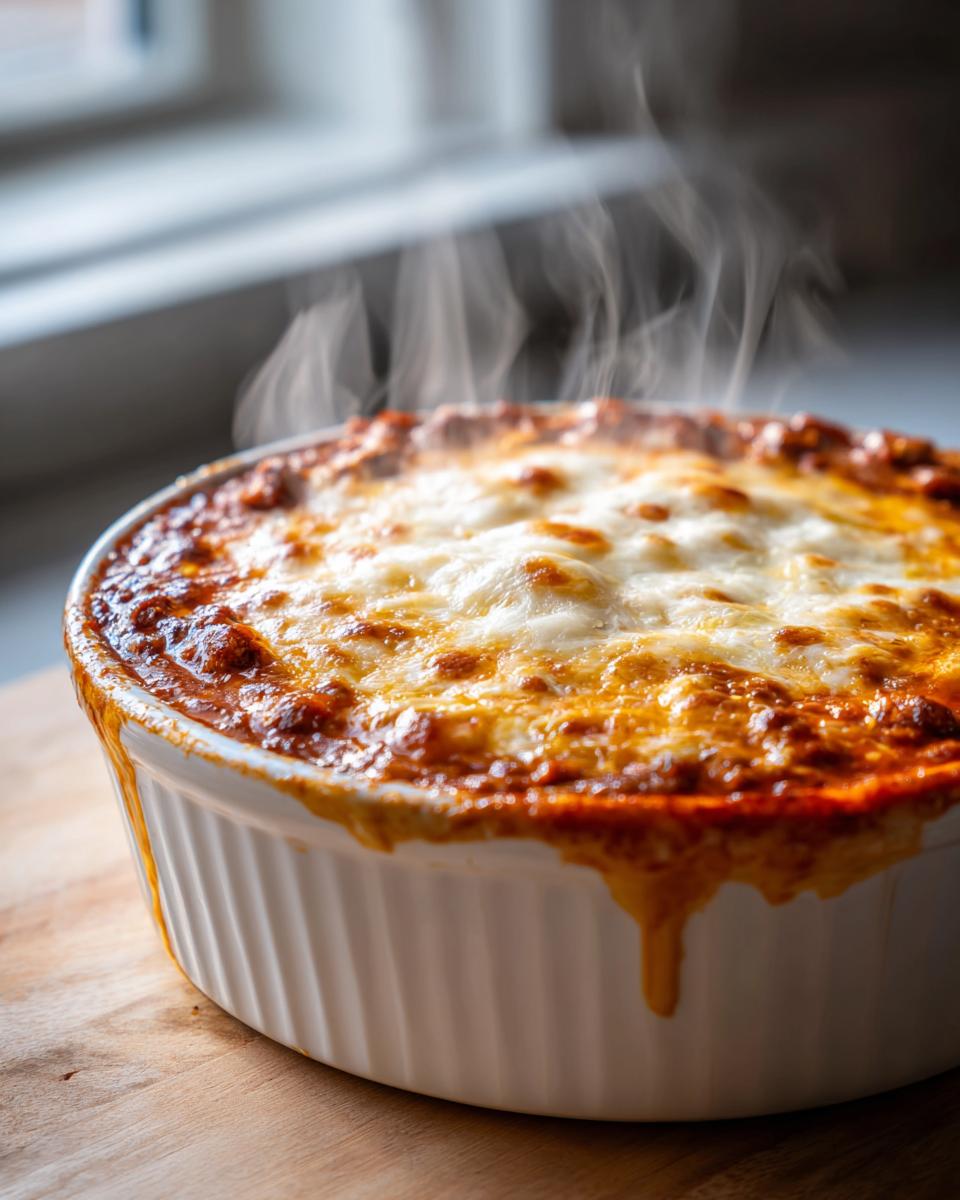 Close-up of a hot, steaming chili cheese dip topped with melted, browned cheese in a white fluted baking dish.