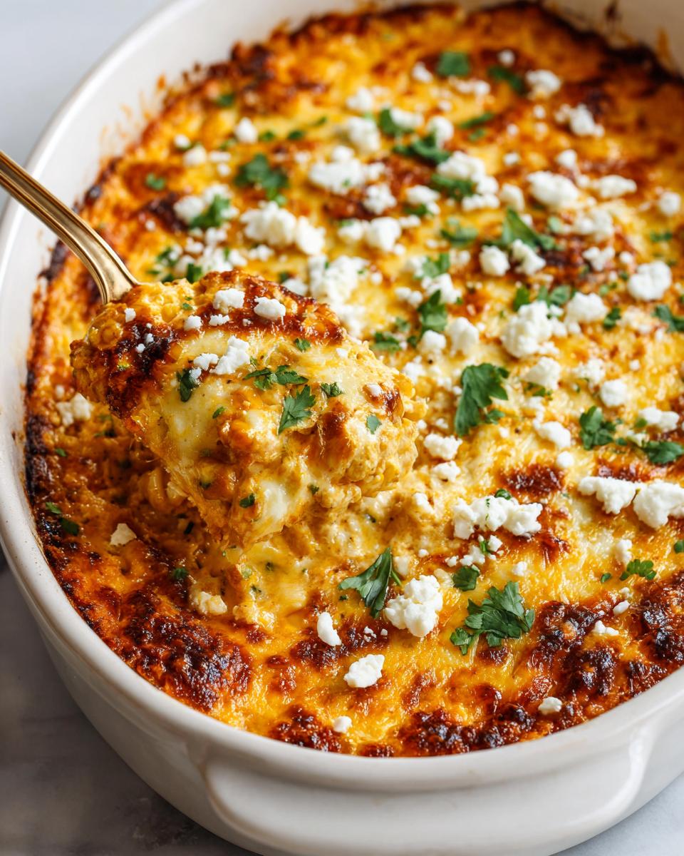 A golden brown, baked street corn dip being scooped out of a white dish with a spoonful of creamy dip topped with feta cheese.