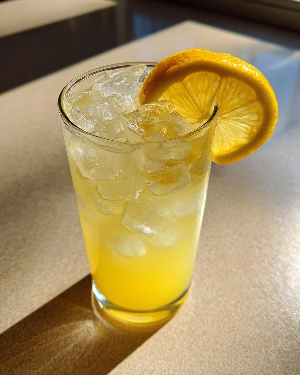 A tall glass filled with bright yellow, iced lemonade and garnished with a fresh lemon slice.