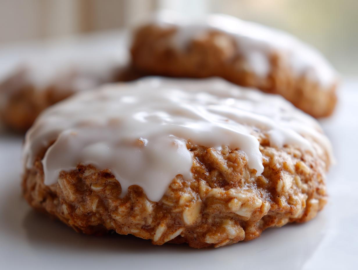 A close-up, macro shot of a soft, chewy iced oatmeal cookie topped with thick white vanilla glaze.