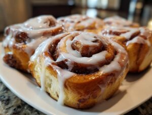 Close-up of several gooey, iced sourdough discard cinnamon rolls stacked on a white plate.