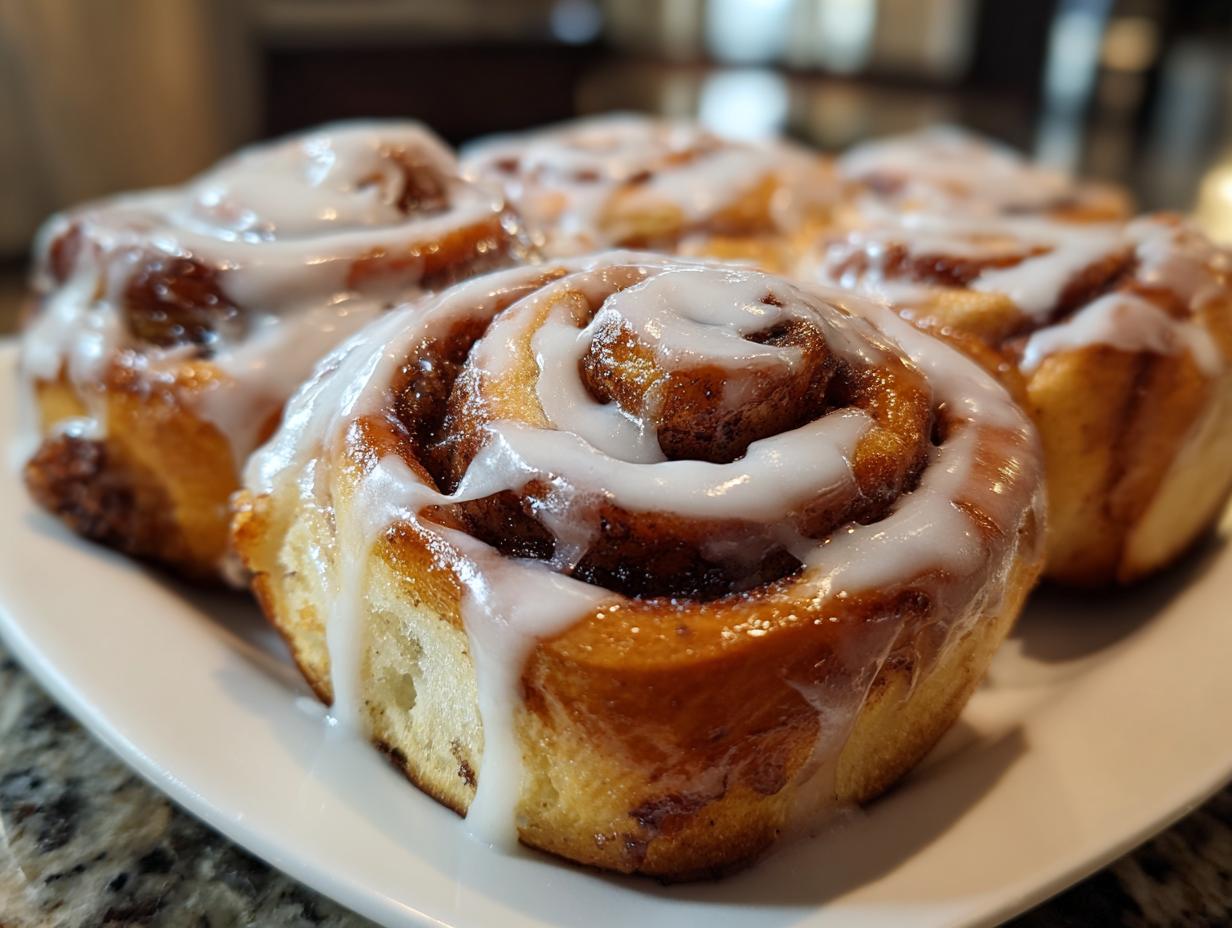 Close-up of several gooey, iced sourdough discard cinnamon rolls stacked on a white plate.