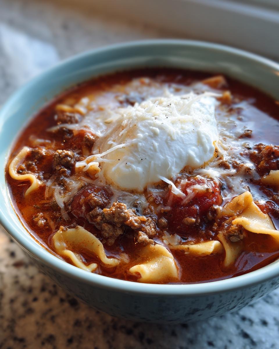Close-up of a bowl of rich instant pot lasagna soup topped with a dollop of ricotta cheese and shredded parmesan.