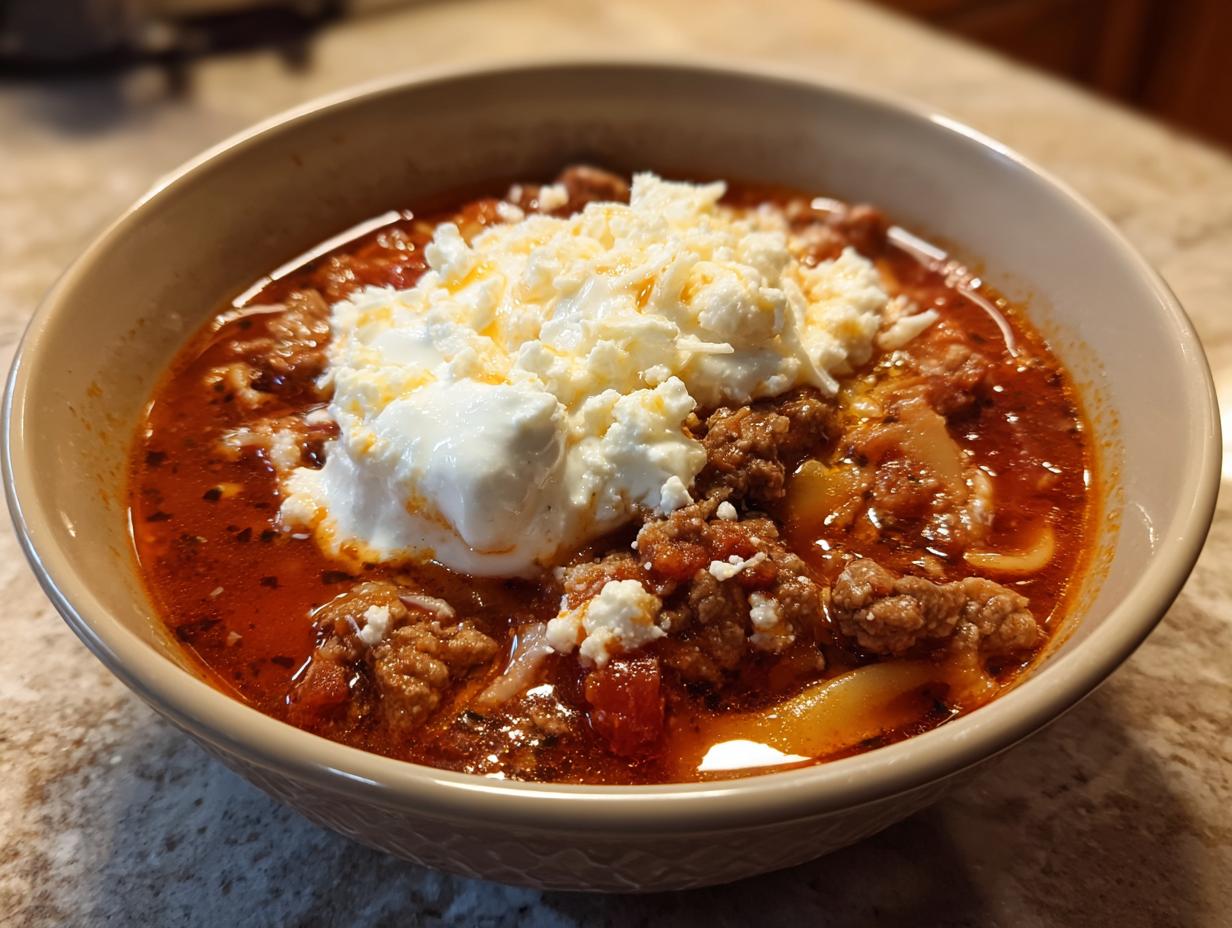 Close-up of a bowl of rich, red instant pot lasagna soup loaded with ground meat and topped generously with white ricotta cheese.
