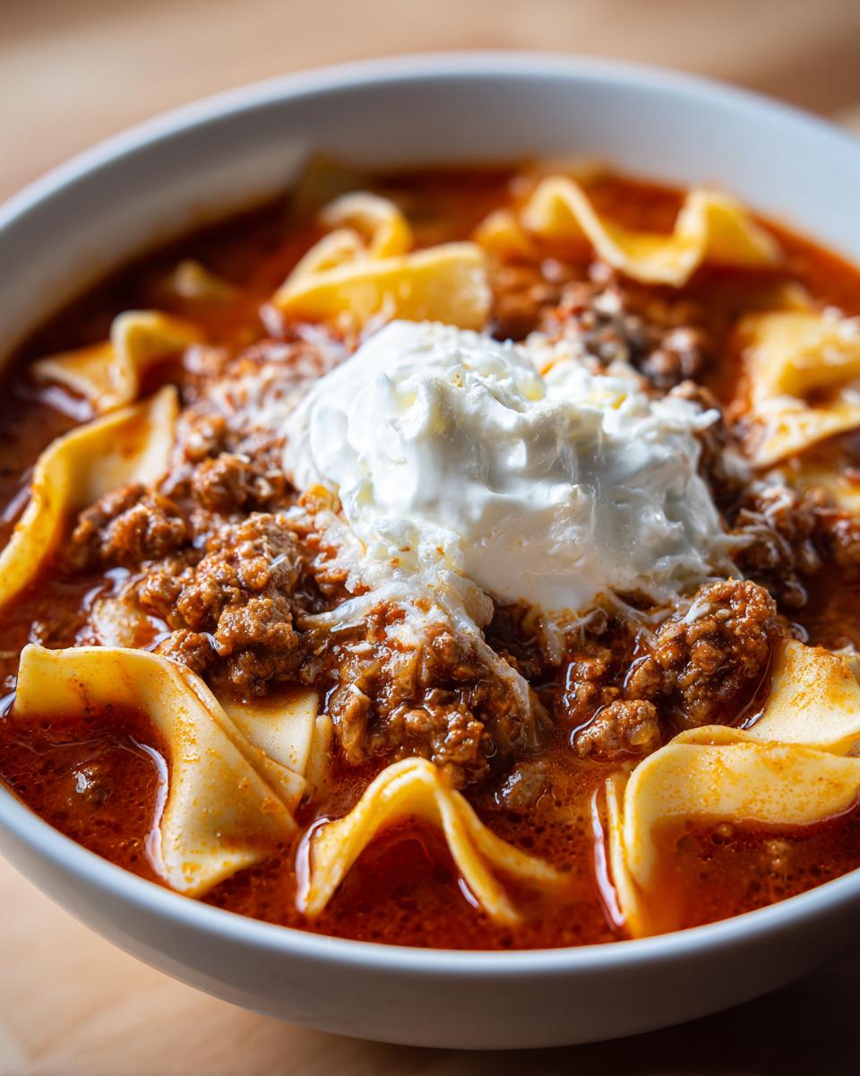 A close-up of a bowl of rich, red instant pot lasagna soup topped with a dollop of white ricotta cheese.