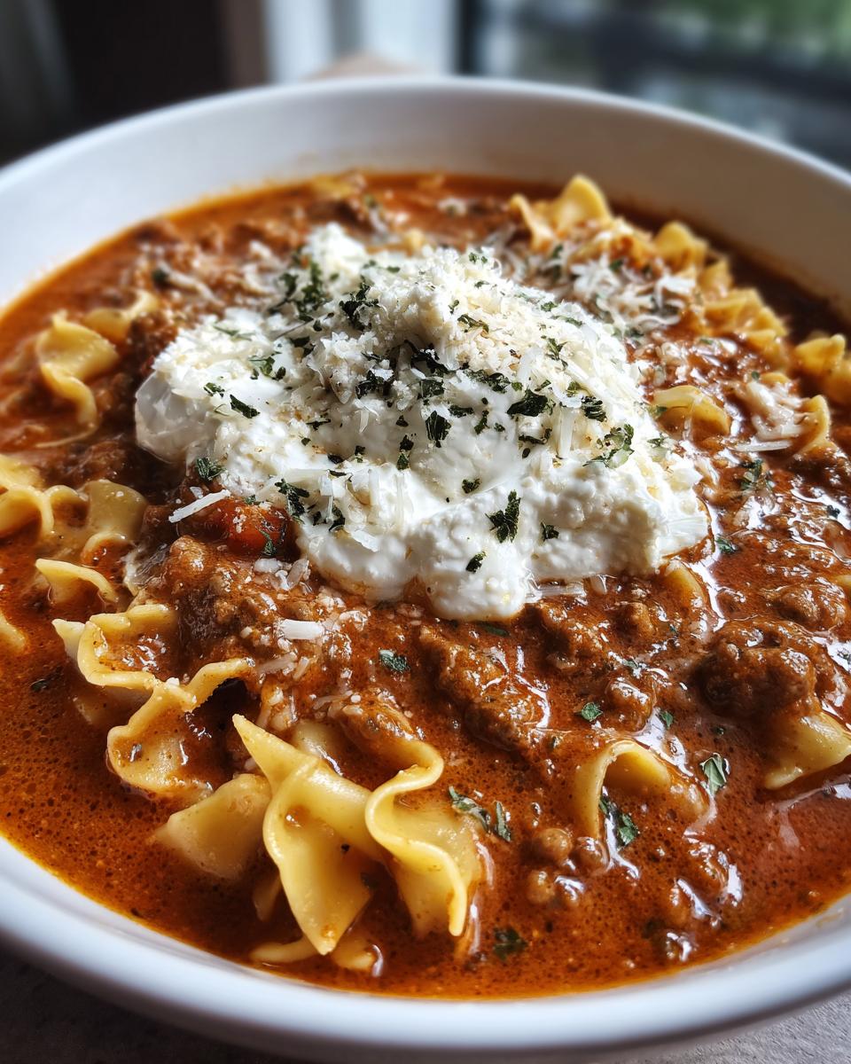 Close-up of a bowl of rich instant pot lasagna soup with noodles, meat sauce, and a dollop of ricotta cheese.