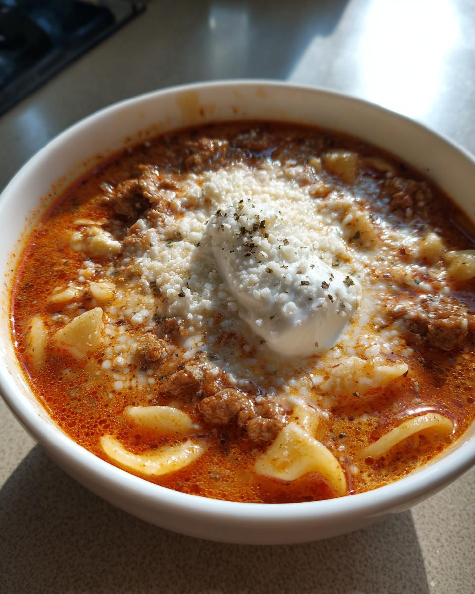 A close-up bowl of rich, red instant pot lasagna soup topped with shredded cheese, a dollop of ricotta, and herbs.