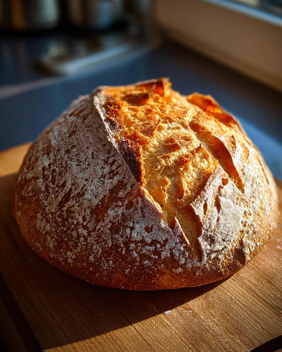 A perfectly baked, round loaf of Italian bread with a deeply scored, golden-brown, flour-dusted crust sitting on a wooden board.