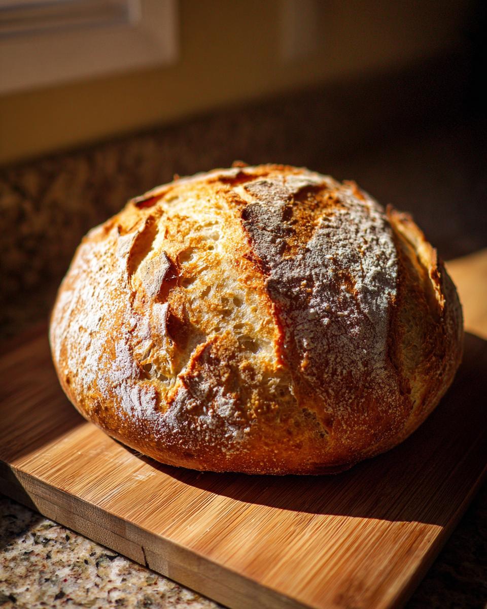 A freshly baked, round loaf of Italian bread with a golden, crackled crust dusted with flour, resting on a wooden cutting board.