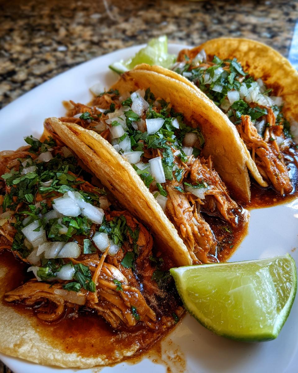 Close-up of three juicy chicken tacos topped with diced white onion and fresh cilantro, served with a lime wedge.