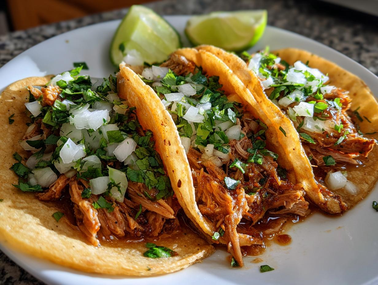 Three delicious chicken tacos loaded with shredded chicken, chopped white onion, and fresh cilantro, served with lime wedges.