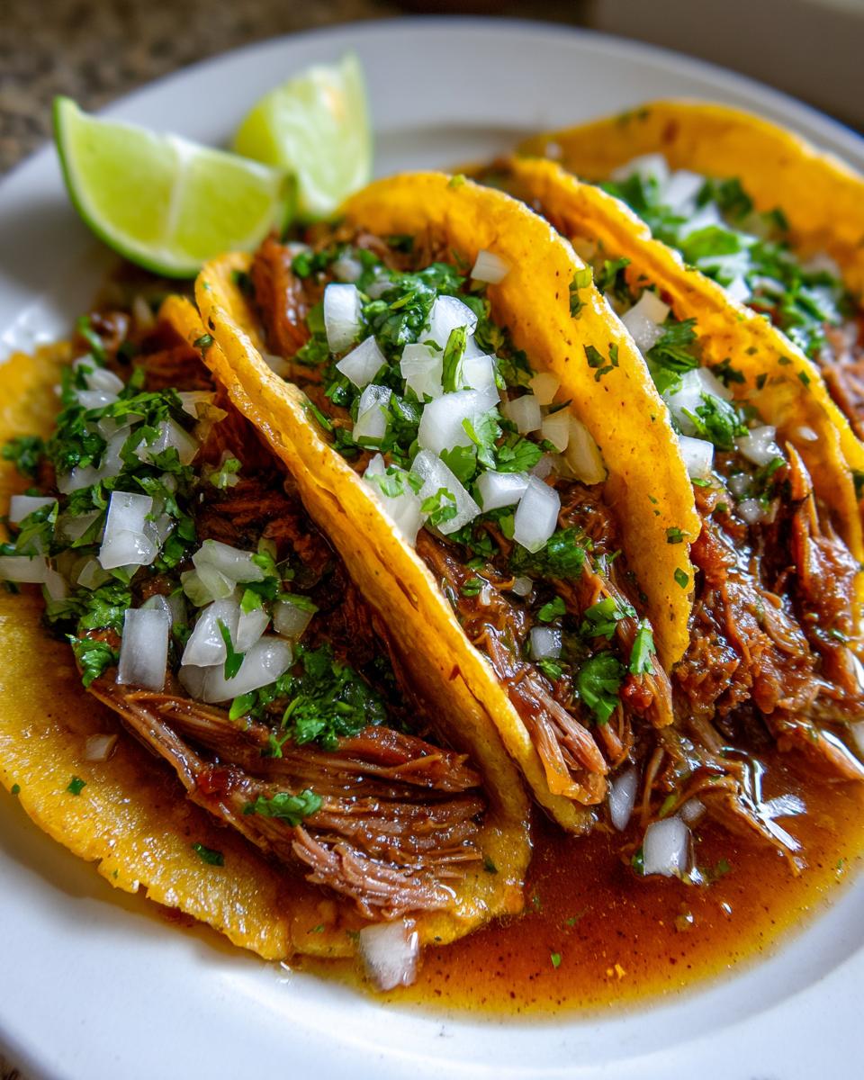 Close-up of three corn tortillas filled with shredded meat, topped with diced white onion and cilantro, served with lime wedges for amazing chicken tacos.