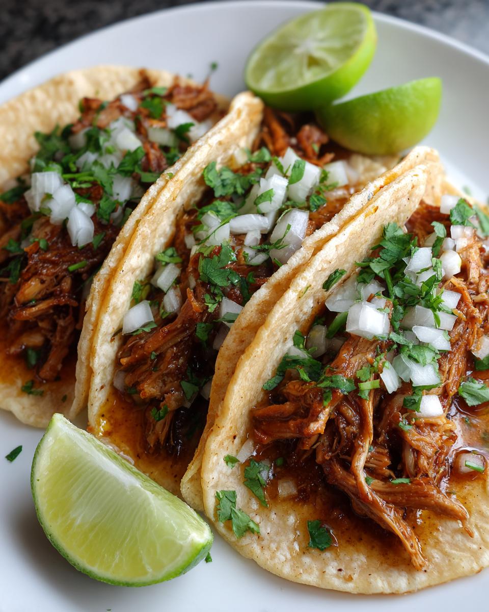 Close-up of three delicious chicken tacos topped with diced white onion and cilantro, served with lime wedges.