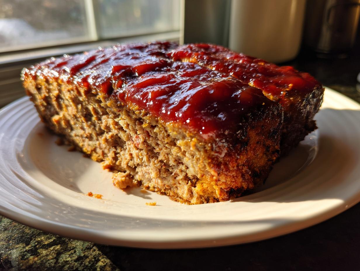 A thick slice of ultra-juicy meatloaf covered in a shiny, dark red glaze, resting on a white plate.