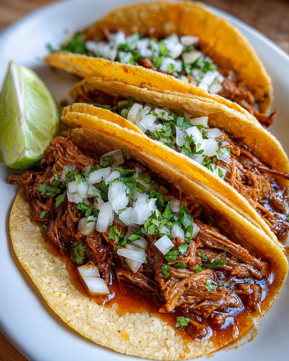 Close-up of three delicious tacos filled with shredded meat, topped with diced white onion and cilantro, served with a lime wedge. Perfect for amazing chicken tacos.