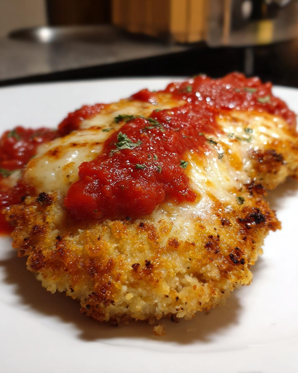 Close-up of a perfectly breaded keto chicken parmesan cutlet topped with melted mozzarella and rich marinara sauce.