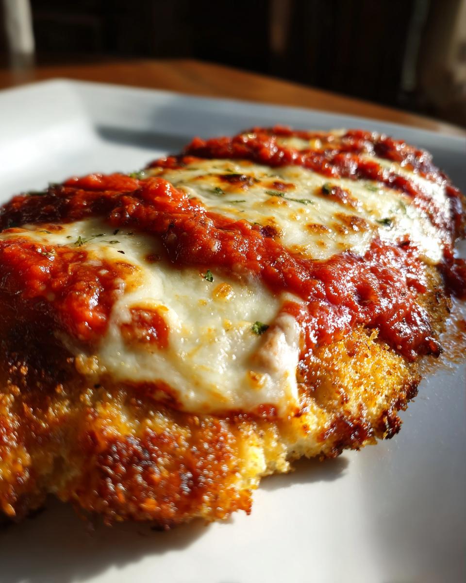 Close-up of a crispy, breaded keto chicken parmesan topped with melted mozzarella and rich marinara sauce.