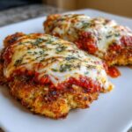 Two golden-brown, breaded chicken cutlets topped with marinara sauce and melted mozzarella cheese, ready to eat, for keto chicken parmesan.