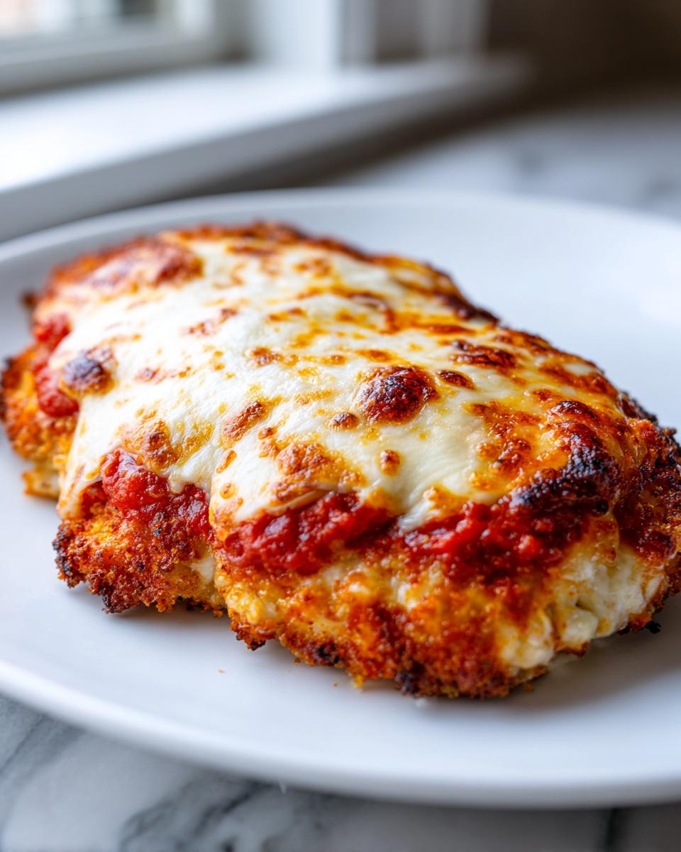 Close-up of a perfectly baked keto chicken parmesan cutlet topped with melted mozzarella and marinara sauce.