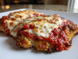 Close-up of two servings of keto chicken parmesan topped with melted mozzarella and marinara sauce on a white plate.