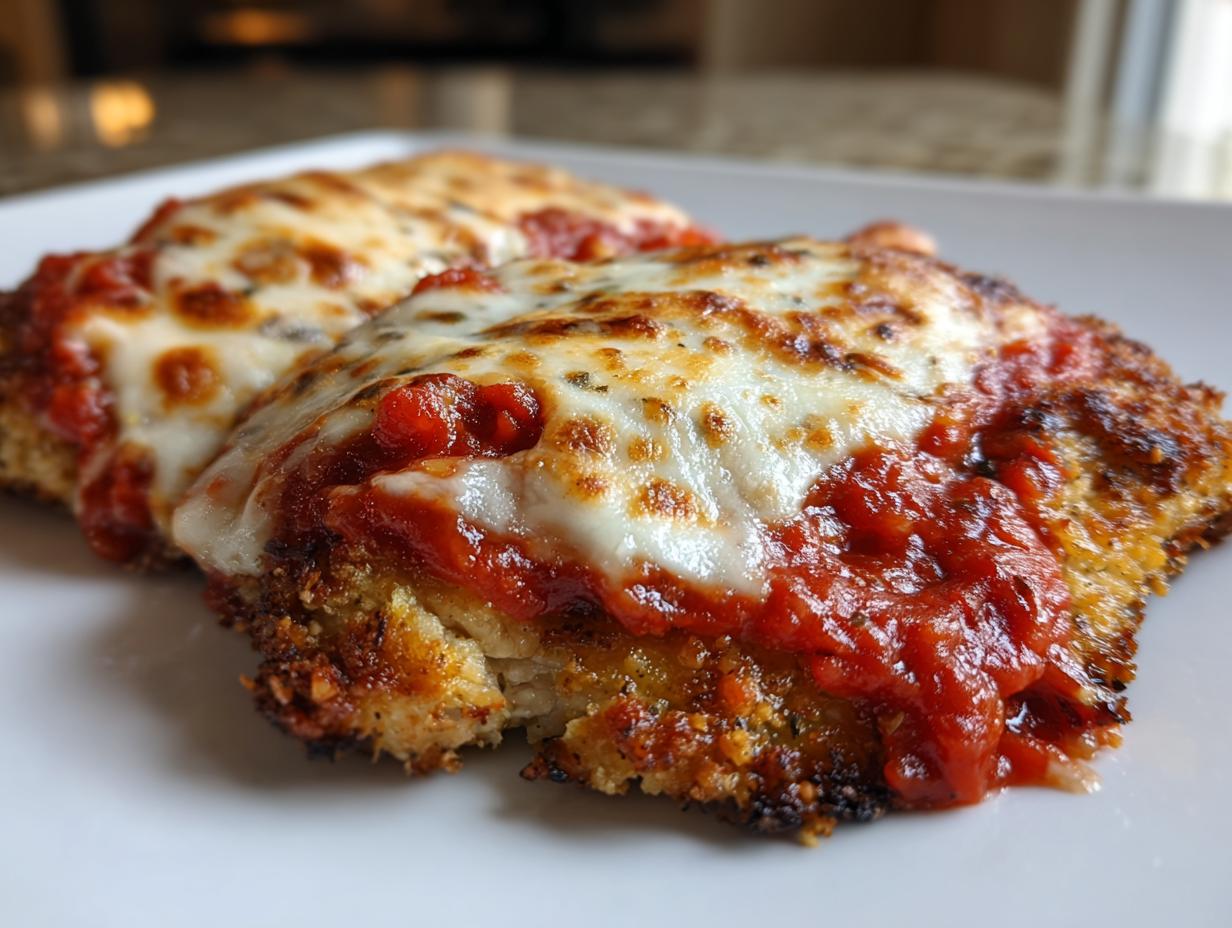 Close-up of two servings of keto chicken parmesan topped with melted mozzarella and marinara sauce on a white plate.