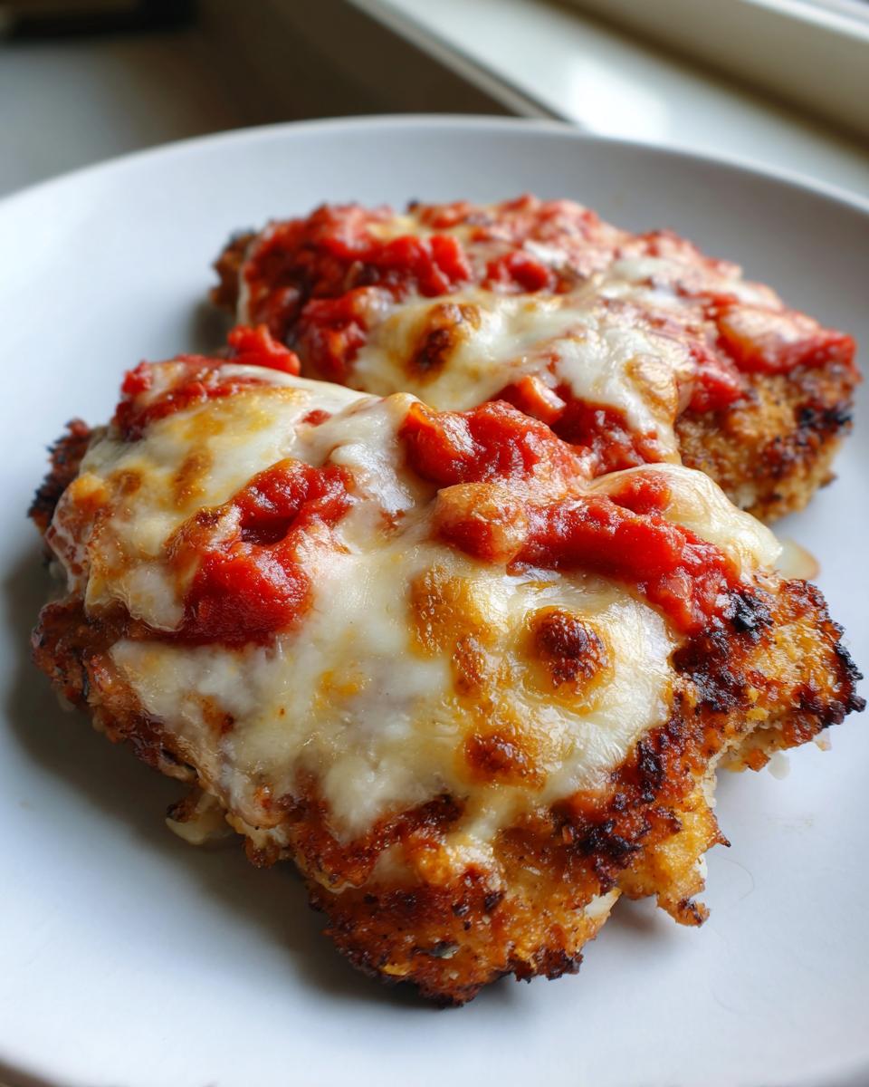 Close-up of two golden-brown keto chicken parmesan cutlets topped with melted mozzarella and marinara sauce.