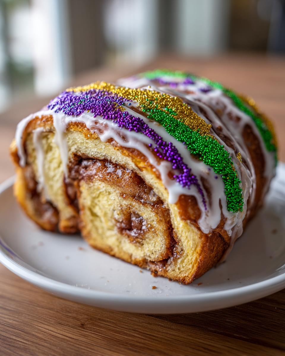 Close-up of a slice of cinnamon-swirl king cake topped with white icing and purple, gold, and green Mardi Gras sprinkles.